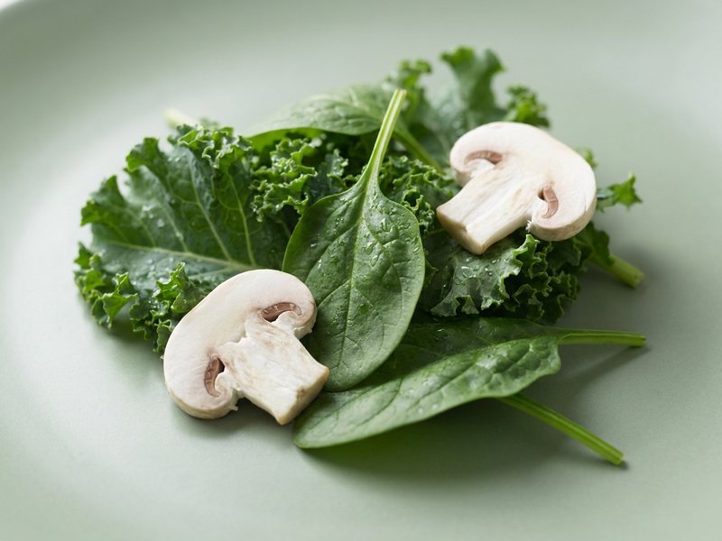 Folhas verdes escuras e cogumelos fatiados
