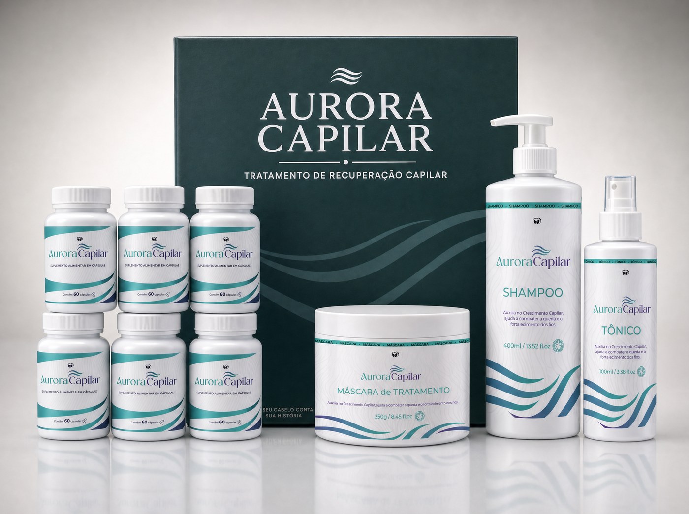 Protocolo Aurora Capilar completo: a caixa, os 6 frascos de suplemento, o shampoo, o tônico e a máscara de tratamento