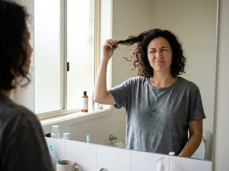 Mulher diante do espelho observando as pontas do próprio cabelo