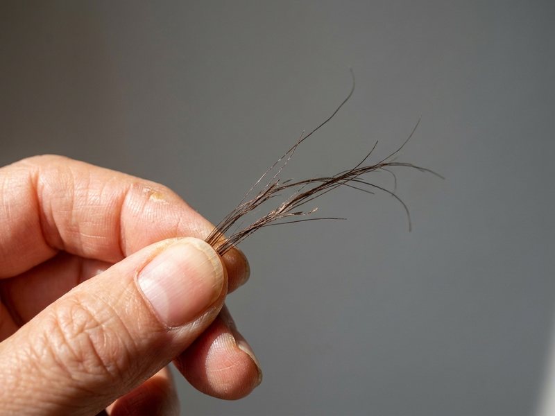 Mão segurando fios de cabelo finos e quebradiços