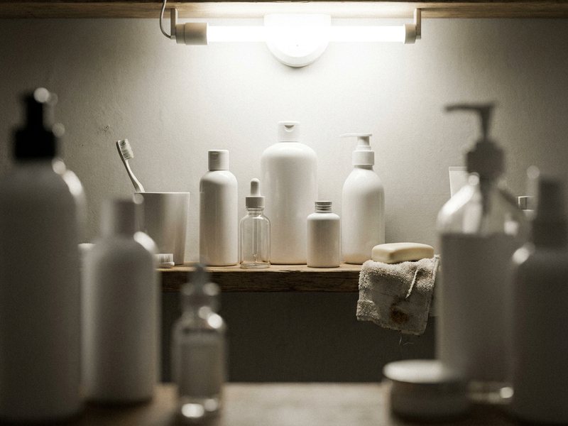 Prateleira de banheiro com vários frascos de cosmético